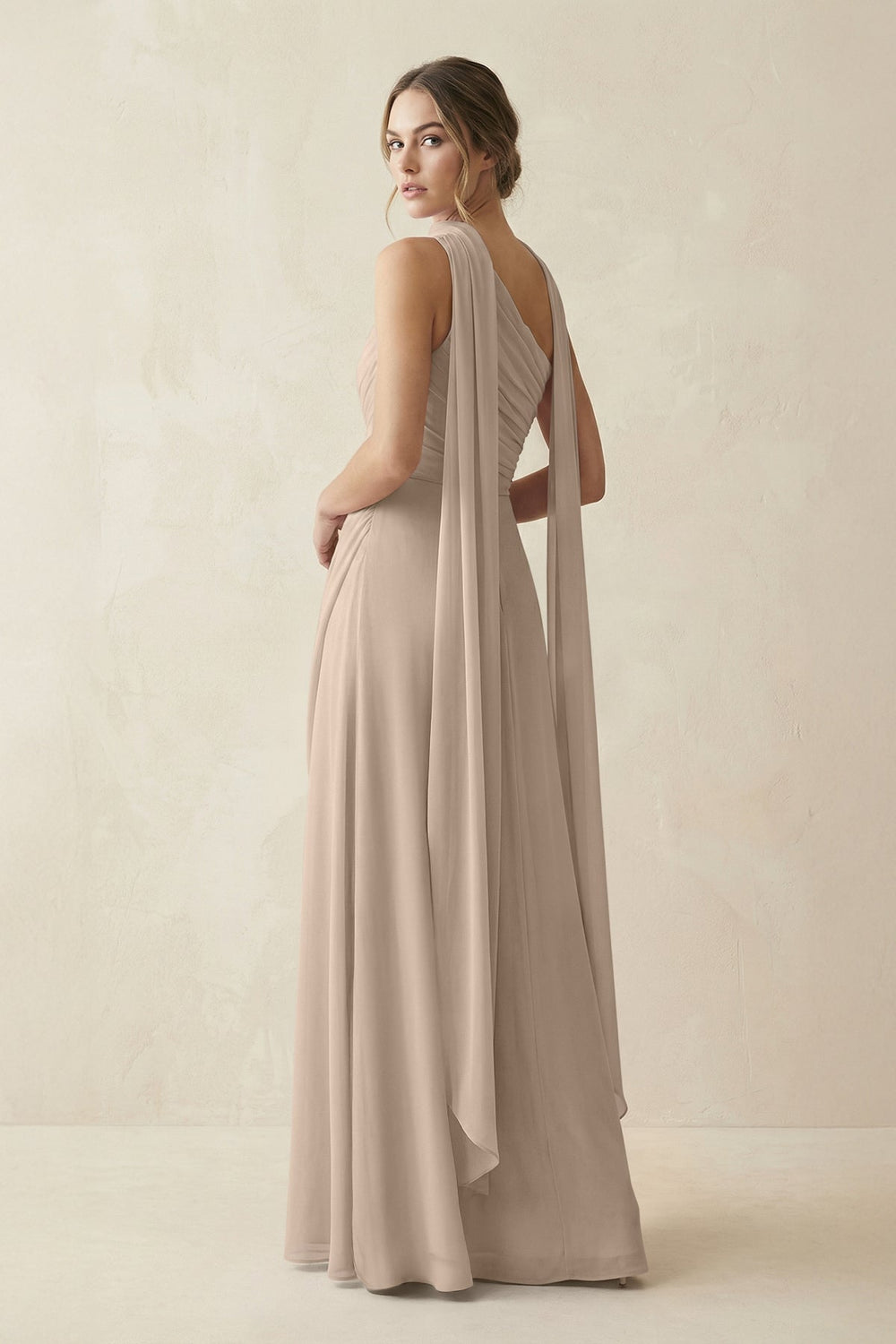 One - Shoulder Sheath Chiffon Bridesmaid Dress with Ribbon in Almond - KISS BRIDAL Bridesmaid Dresses