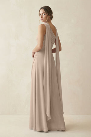 One - Shoulder Sheath Chiffon Bridesmaid Dress with Ribbon in Almond - SHE IS ME Bridesmaid Dresses