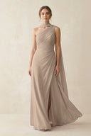 One-Shoulder Sheath Chiffon Bridesmaid Dress with Ribbon in Almond | KISSBRIDAL