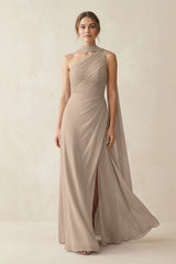 One-Shoulder Sheath Chiffon Bridesmaid Dress with Ribbon in Almond | KISSBRIDAL