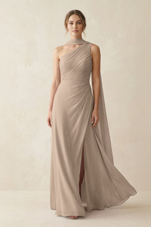 One-Shoulder Sheath Chiffon Bridesmaid Dress with Ribbon in Almond | KISSBRIDAL