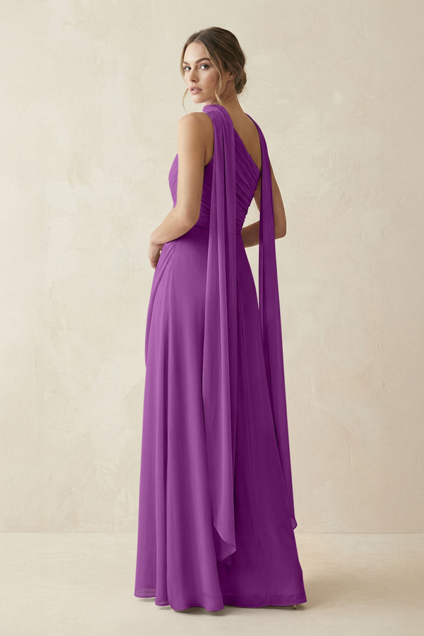 One - Shoulder Sheath Chiffon Bridesmaid Dress with Ribbon in Amethyst - SHE IS ME Bridesmaid Dresses