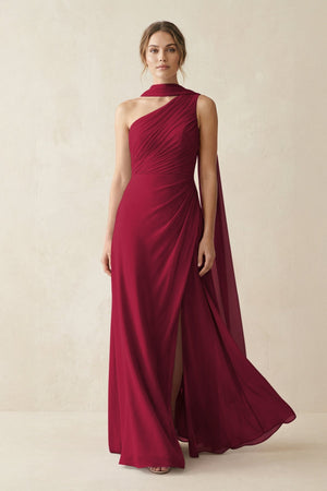 One - Shoulder Sheath Chiffon Bridesmaid Dress with Ribbon in Berry - SHE IS ME Bridesmaid Dresses