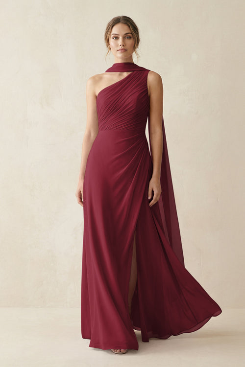 One-Shoulder Sheath Chiffon Bridesmaid Dress with Ribbon in Berry | KISSBRIDAL