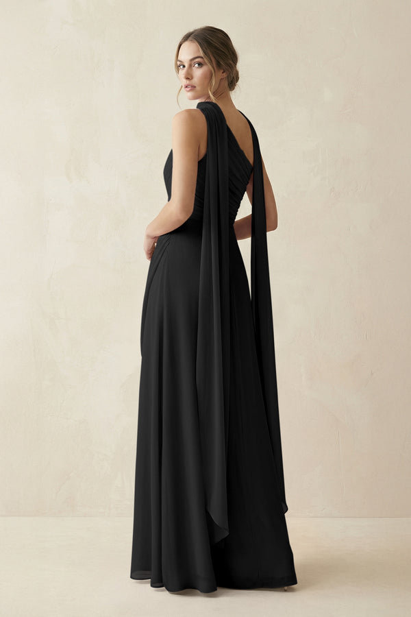 One - Shoulder Sheath Chiffon Bridesmaid Dress with Ribbon in Black - SHE IS ME Bridesmaid Dresses