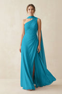 One - Shoulder Sheath Chiffon Bridesmaid Dress with Ribbon in Blue Jay - SHE IS ME Bridesmaid Dresses