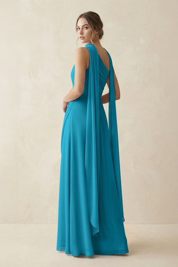One - Shoulder Sheath Chiffon Bridesmaid Dress with Ribbon in Blue Jay - SHE IS ME Bridesmaid Dresses