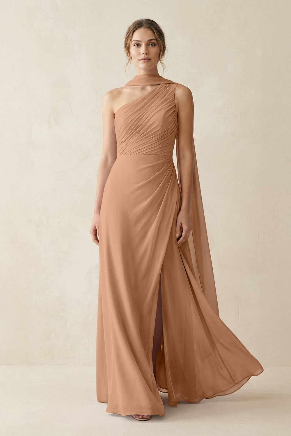 One - Shoulder Sheath Chiffon Bridesmaid Dress with Ribbon in Bronzer - KISS BRIDAL Bridesmaid Dresses