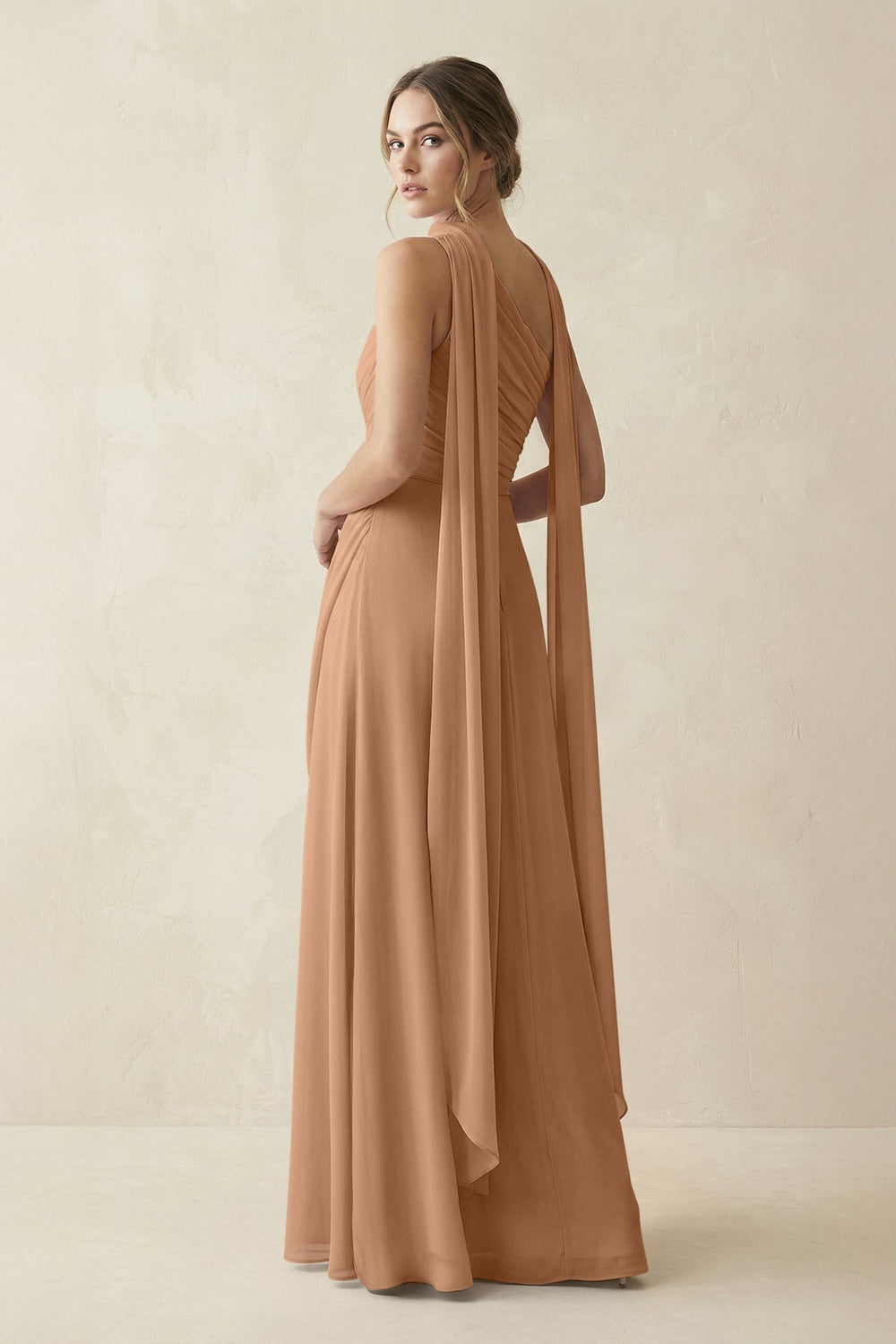 One - Shoulder Sheath Chiffon Bridesmaid Dress with Ribbon in Bronzer - KISS BRIDAL Bridesmaid Dresses
