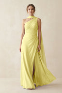 One - Shoulder Sheath Chiffon Bridesmaid Dress with Ribbon in Buttercup - SHE IS ME Bridesmaid Dresses