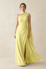 One - Shoulder Sheath Chiffon Bridesmaid Dress with Ribbon in Buttercup - KISS BRIDAL Bridesmaid Dresses