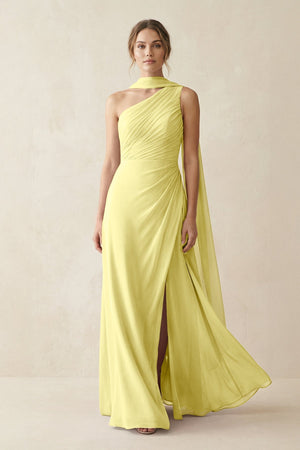 One - Shoulder Sheath Chiffon Bridesmaid Dress with Ribbon in Buttercup - SHE IS ME Bridesmaid Dresses