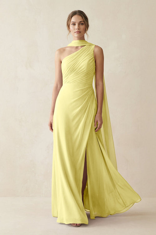 One - Shoulder Sheath Chiffon Bridesmaid Dress with Ribbon in Buttercup - SHE IS ME Bridesmaid Dresses