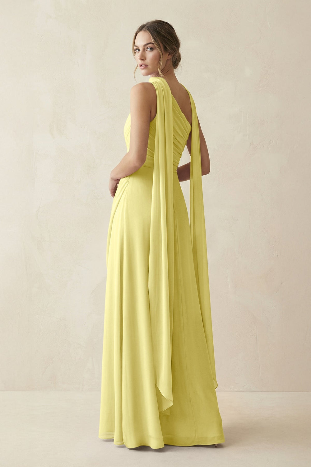 One - Shoulder Sheath Chiffon Bridesmaid Dress with Ribbon in Buttercup - KISS BRIDAL Bridesmaid Dresses