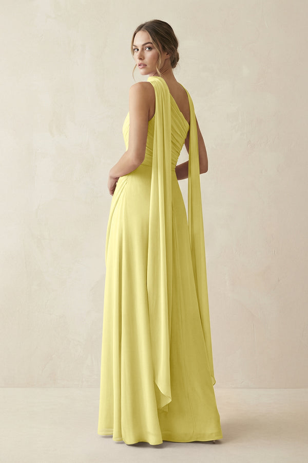 One - Shoulder Sheath Chiffon Bridesmaid Dress with Ribbon in Buttercup - SHE IS ME Bridesmaid Dresses