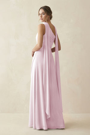 One-Shoulder Sheath Chiffon Bridesmaid Dress with Ribbon in Candy Pink (2) | KISSBRIDAL