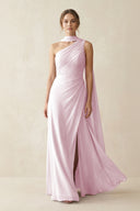 One-Shoulder Sheath Chiffon Bridesmaid Dress with Ribbon in Candy Pink | KISSBRIDAL