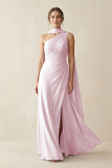 One-Shoulder Sheath Chiffon Bridesmaid Dress with Ribbon in Candy Pink | KISSBRIDAL