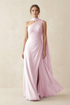 One-Shoulder Sheath Chiffon Bridesmaid Dress with Ribbon in Candy Pink | KISSBRIDAL
