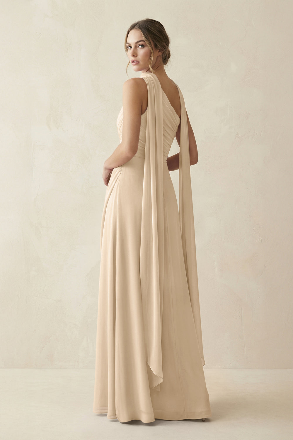 One-Shoulder Sheath Chiffon Bridesmaid Dress with Ribbon in Champagne