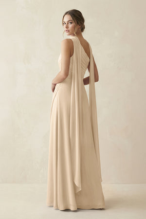 One-Shoulder Sheath Chiffon Bridesmaid Dress with Ribbon in Champagne (2) | KISSBRIDAL