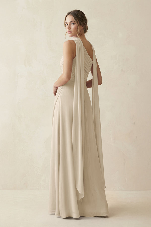 One - Shoulder Sheath Chiffon Bridesmaid Dress with Ribbon in Champagne - SHE IS ME Bridesmaid Dresses