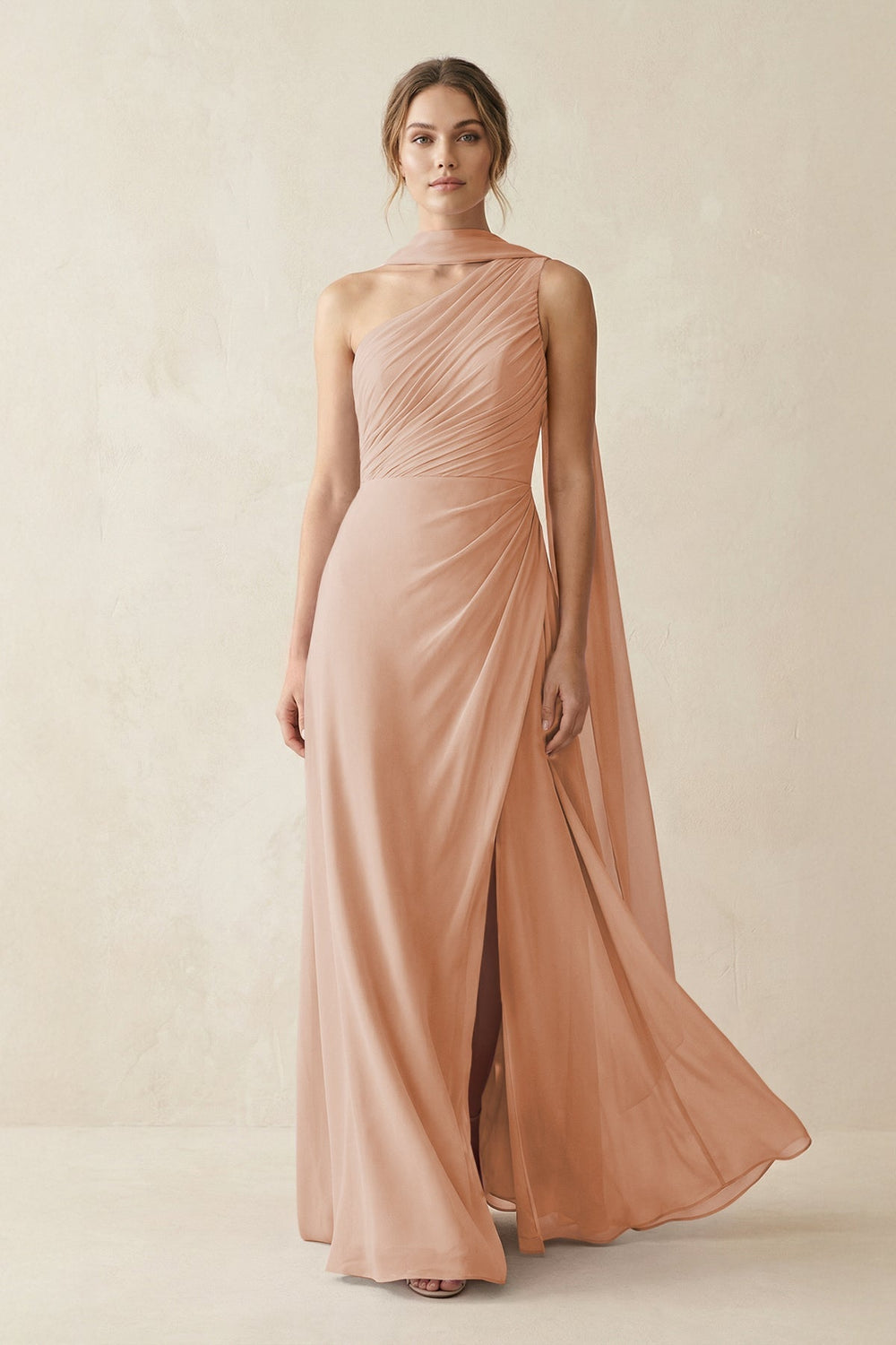 One - Shoulder Sheath Chiffon Bridesmaid Dress with Ribbon in Champagne Rose - KISS BRIDAL Bridesmaid Dresses