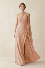 One - Shoulder Sheath Chiffon Bridesmaid Dress with Ribbon in Champagne Rose - KISS BRIDAL Bridesmaid Dresses
