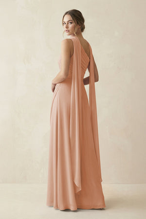One - Shoulder Sheath Chiffon Bridesmaid Dress with Ribbon in Champagne Rose - SHE IS ME Bridesmaid Dresses