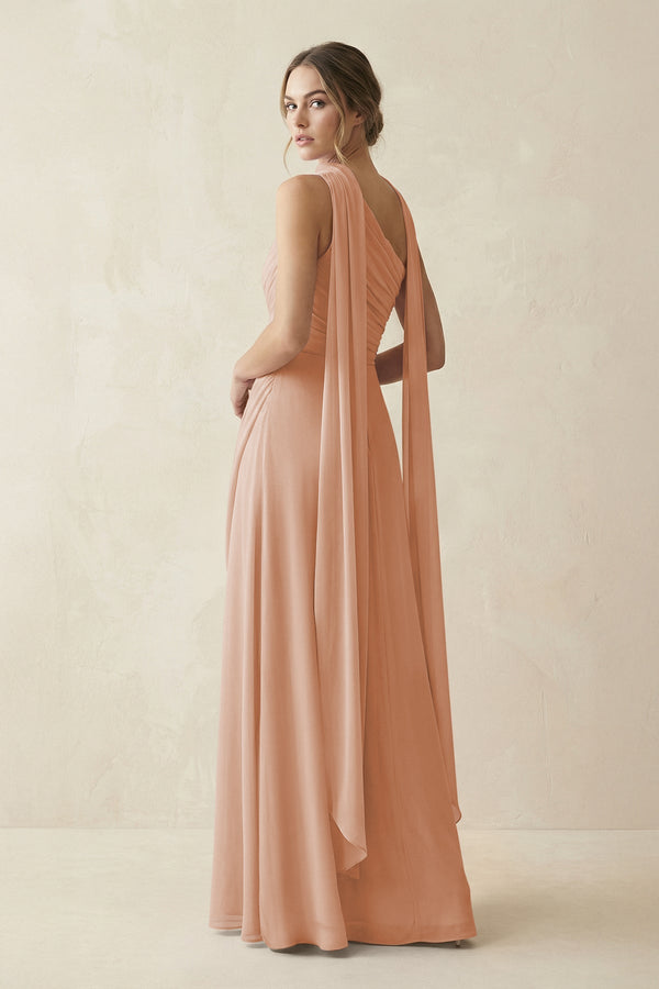 One - Shoulder Sheath Chiffon Bridesmaid Dress with Ribbon in Champagne Rose - SHE IS ME Bridesmaid Dresses