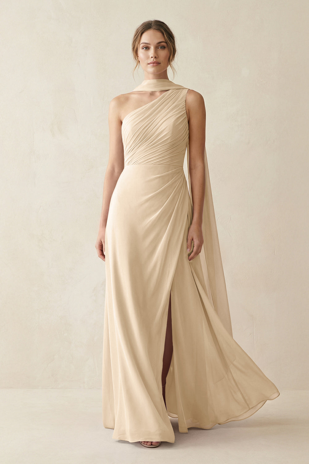One-Shoulder Sheath Chiffon Bridesmaid Dress with Ribbon in Champagne