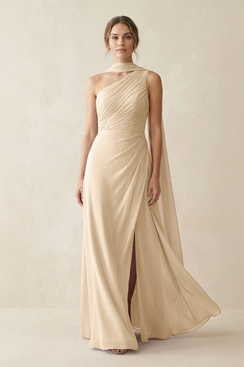 One-Shoulder Sheath Chiffon Bridesmaid Dress with Ribbon in Champagne | KISSBRIDAL