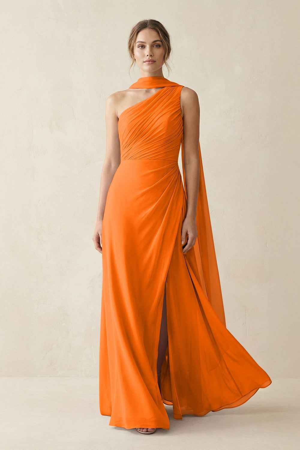One - Shoulder Sheath Chiffon Bridesmaid Dress with Ribbon in Cinnamon - KISS BRIDAL Bridesmaid Dresses