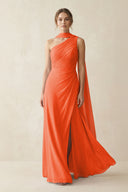 One-Shoulder Sheath Chiffon Bridesmaid Dress with Ribbon in Cinnamon | KISSBRIDAL
