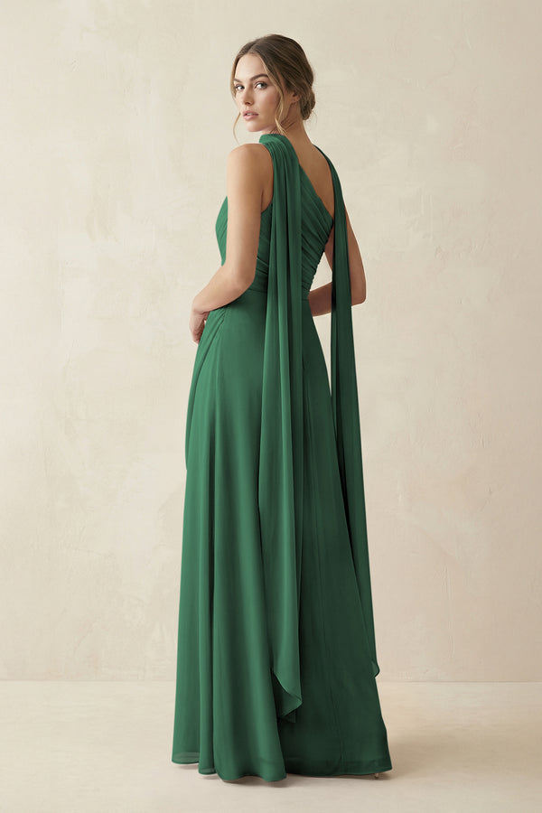 One-Shoulder Sheath Chiffon Bridesmaid Dress with Ribbon in Dark Green (2) | KISSBRIDAL