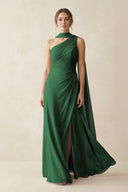 One - Shoulder Sheath Chiffon Bridesmaid Dress with Ribbon in Dark Green - SHE IS ME Bridesmaid Dresses