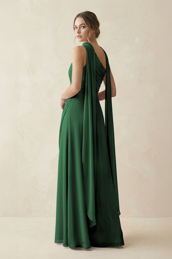 One - Shoulder Sheath Chiffon Bridesmaid Dress with Ribbon in Dark Green - SHE IS ME Bridesmaid Dresses