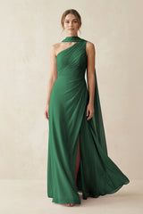 One-Shoulder Sheath Chiffon Bridesmaid Dress with Ribbon in Dark Green | KISSBRIDAL