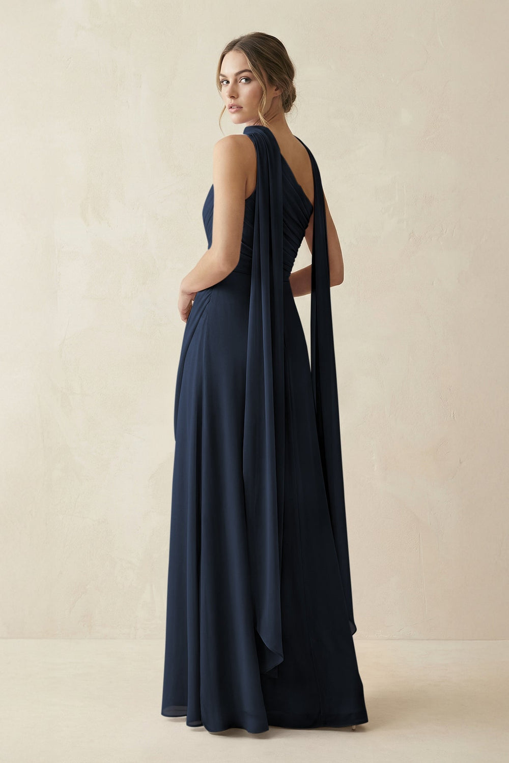 One - Shoulder Sheath Chiffon Bridesmaid Dress with Ribbon in Dark Navy - KISS BRIDAL Bridesmaid Dresses
