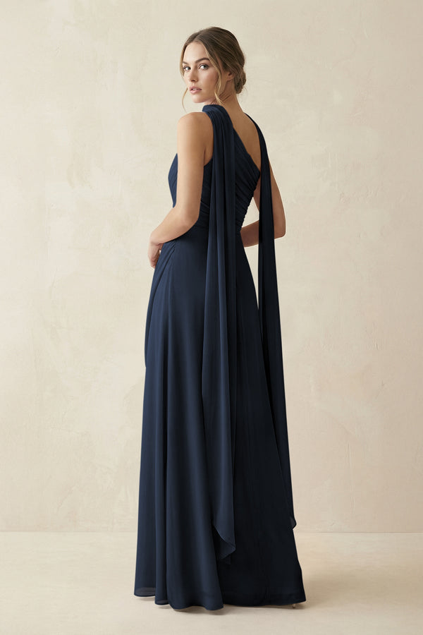 One - Shoulder Sheath Chiffon Bridesmaid Dress with Ribbon in Dark Navy - SHE IS ME Bridesmaid Dresses