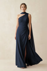 One - Shoulder Sheath Chiffon Bridesmaid Dress with Ribbon in Dark Navy - KISS BRIDAL Bridesmaid Dresses