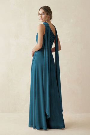 One - Shoulder Sheath Chiffon Bridesmaid Dress with Ribbon in Dark Teal - SHE IS ME Bridesmaid Dresses