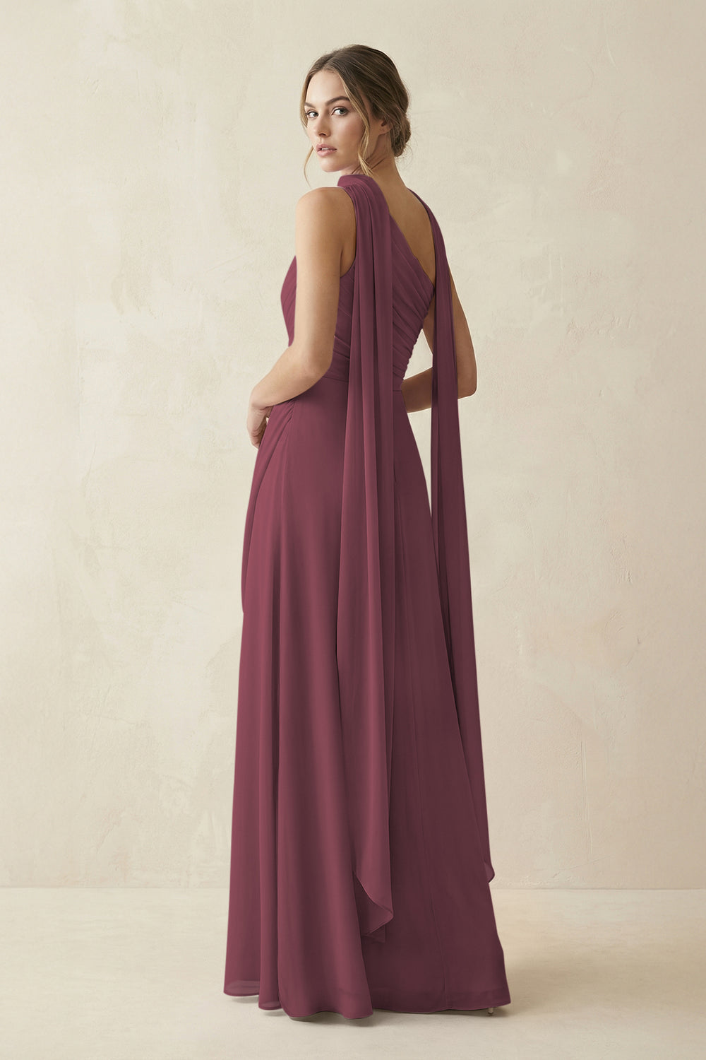 One-Shoulder Sheath Chiffon Bridesmaid Dress with Ribbon in Desert Rose