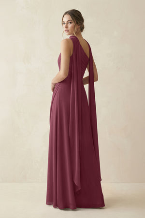 One-Shoulder Sheath Chiffon Bridesmaid Dress with Ribbon in Desert Rose (2) | KISSBRIDAL