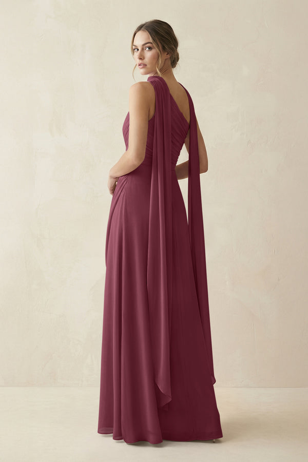 One-Shoulder Sheath Chiffon Bridesmaid Dress with Ribbon in Desert Rose (2) | KISSBRIDAL
