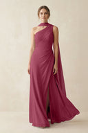 One - Shoulder Sheath Chiffon Bridesmaid Dress with Ribbon in Desert Rose - SHE IS ME Bridesmaid Dresses