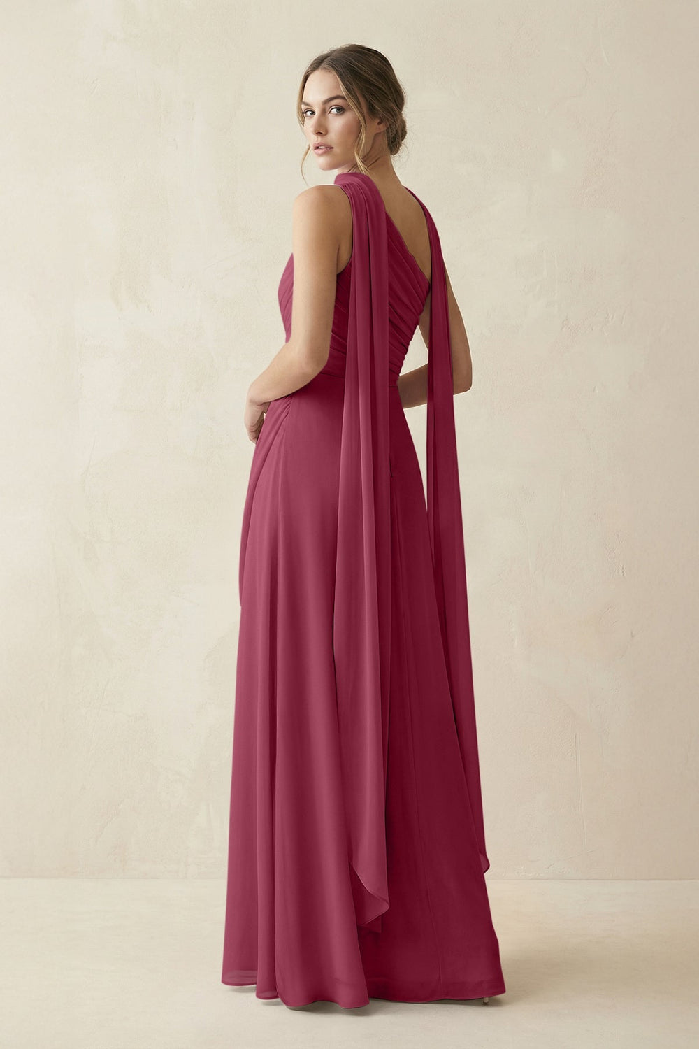 One - Shoulder Sheath Chiffon Bridesmaid Dress with Ribbon in Desert Rose - KISS BRIDAL Bridesmaid Dresses