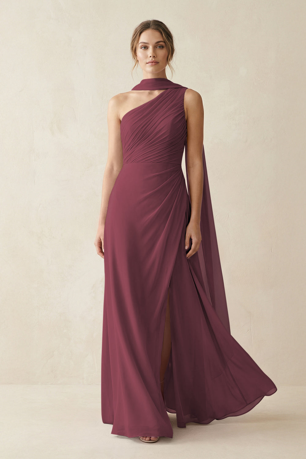 One-Shoulder Sheath Chiffon Bridesmaid Dress with Ribbon in Desert Rose