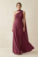 One-Shoulder Sheath Chiffon Bridesmaid Dress with Ribbon in Desert Rose | KISSBRIDAL