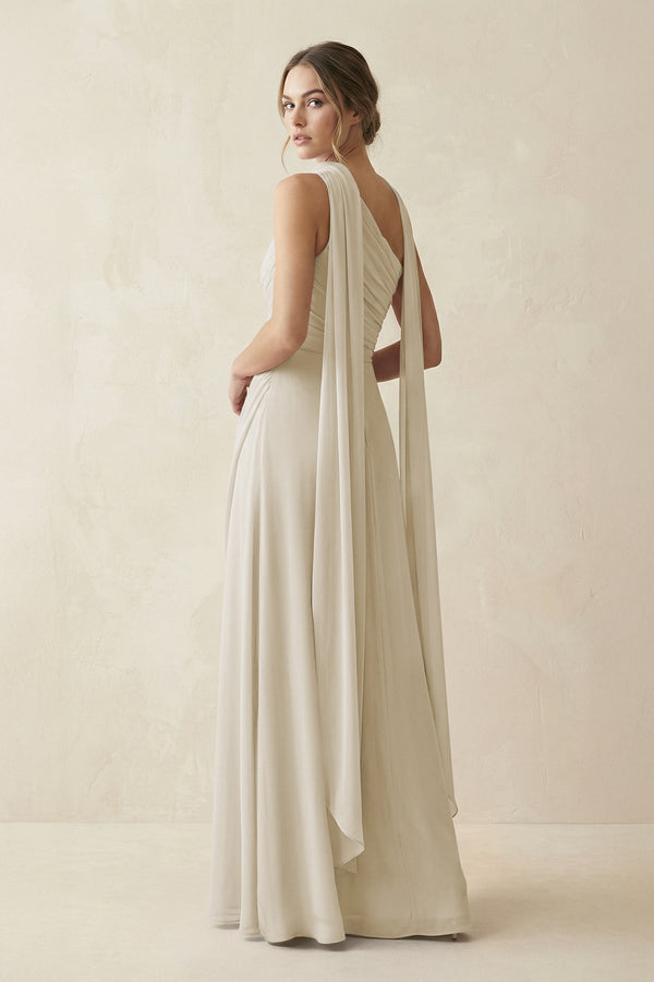 One - Shoulder Sheath Chiffon Bridesmaid Dress with Ribbon in Dove Gray - SHE IS ME Bridesmaid Dresses